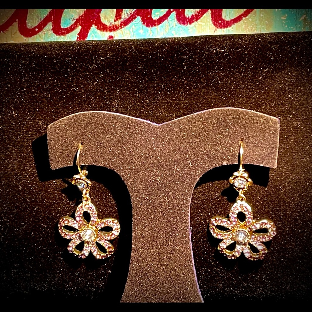 “1928 Jewelry” Gold Metal Vintage 2” Pink Rhinestone Flower Drop Earrings